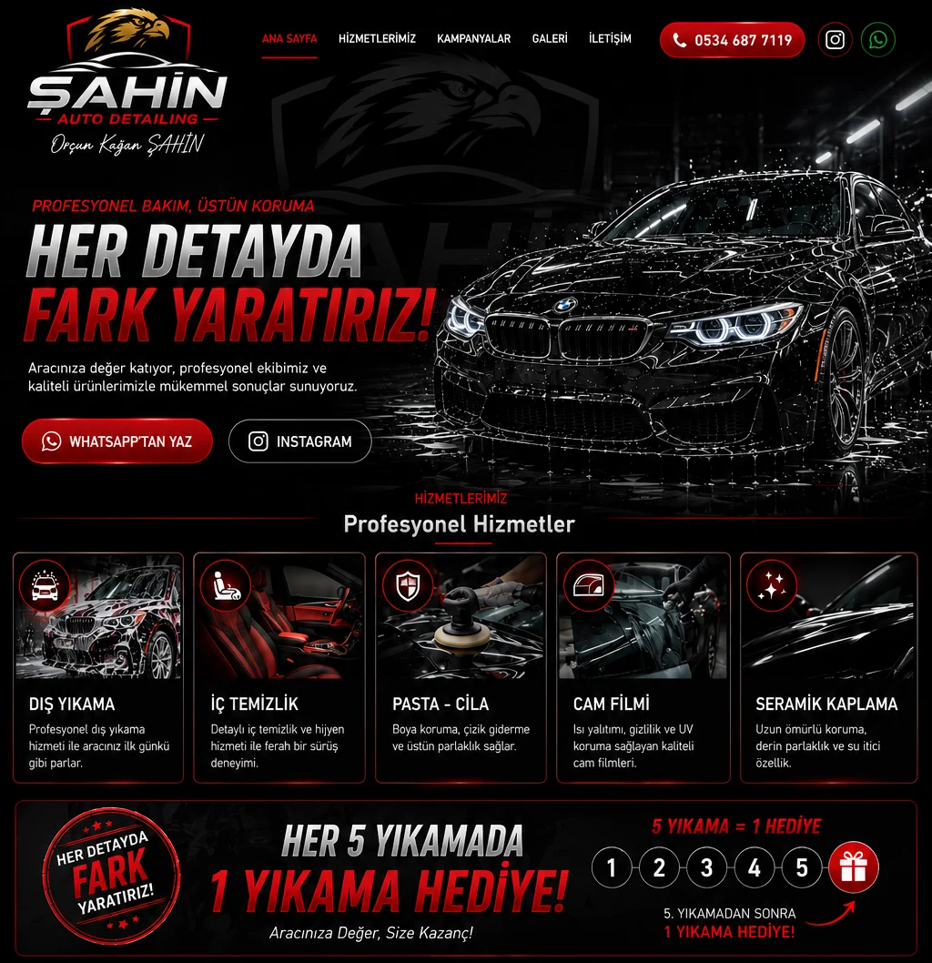 Şahin Auto Detailing web sitesi üst bölümü